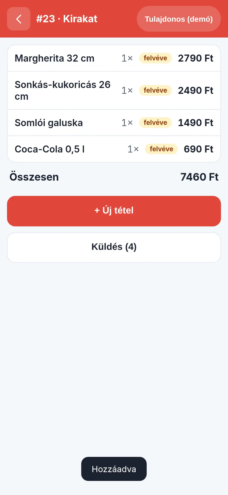 A felszolgáló telefonja: nyitott rendelés asztal nélkül, nyolc tétellel
