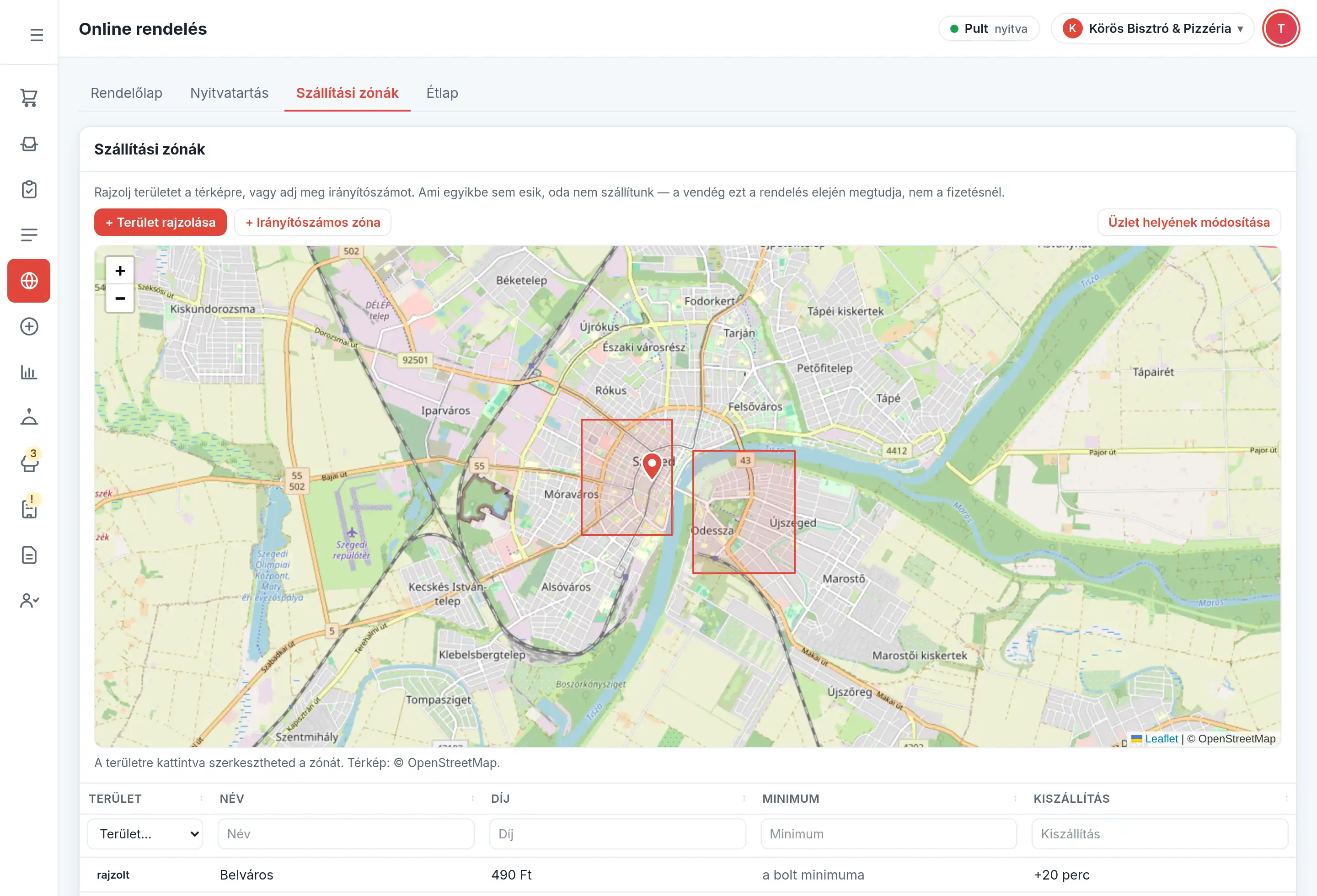 Szállítási területek: a térképre rajzolt zóna a hozzá tartozó díjjal és minimum rendelési összeggel